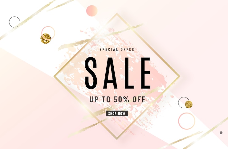 Vecteur gratuit conception de bannière de vente de mode avec cadre doré, pinceau rose aquarelle, texte d'offre spéciale, éléments géométriques.