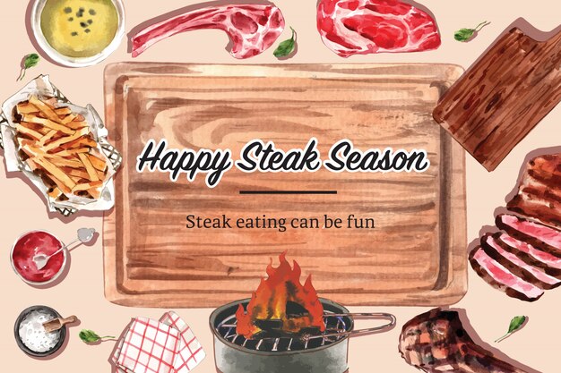 Conception de cadre de steak avec de la viande grillée, illustration aquarelle de frites.