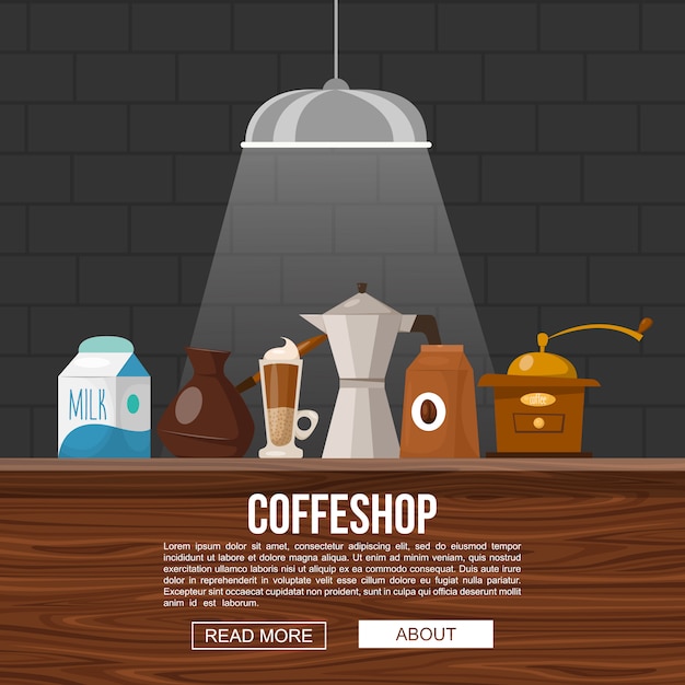 Vecteur gratuit conception de café avec des objets pour faire des boissons sur un comptoir de bar en bois dans un faisceau lumineux