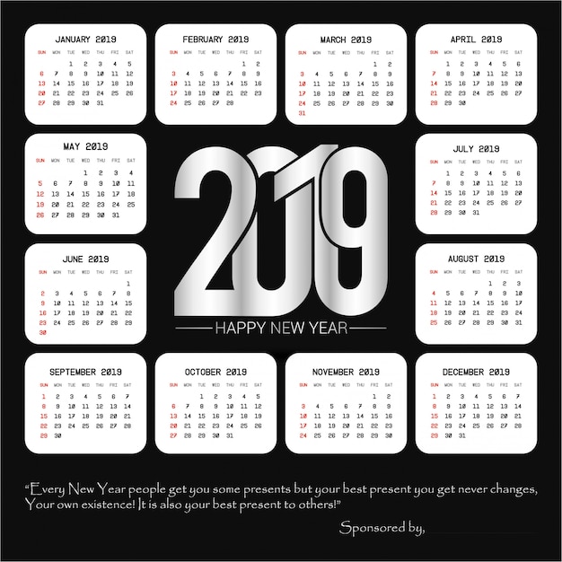 Vecteur gratuit conception de calendrier 2019 avec vecteur de fond noir