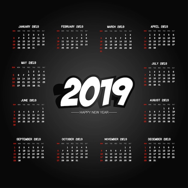 Vecteur gratuit conception de calendrier 2019 avec vecteur de fond noir