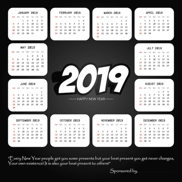 Conception De Calendrier 2019 Avec Vecteur De Fond Noir