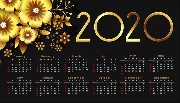 Conception De Calendrier De Bonne Année Belle Fleur D'or 2020