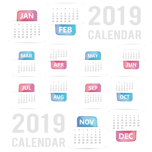 Vecteur gratuit conception de calendrier coloré vecteur 2019