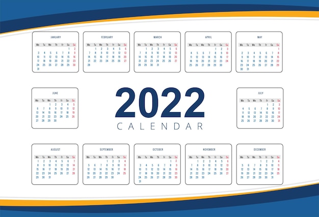 Vecteur gratuit conception de calendrier du nouvel an 2022 de style belle vague