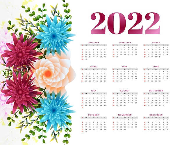 Conception De Calendrier De Fleurs 2022 Pour Le Nouvel An
