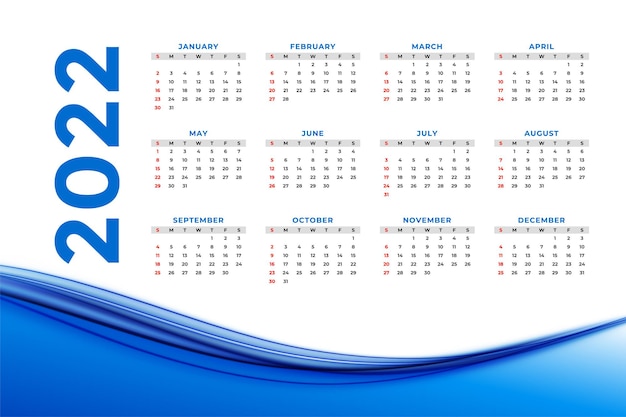 Vecteur gratuit conception de calendrier de nouvel an bleu de style vague 2022