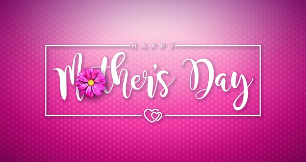 Conception de carte de voeux bonne fête des mères avec fleur et lettre de typographie sur fond rose. Modèle d'illustration de célébration pour bannière, flyer, invitation, brochure, affiche.