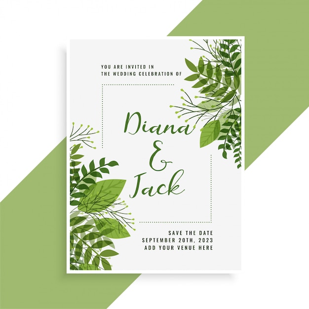 Vecteur gratuit conception de cartes d'invitation de mariage dans un style floral feuilles vertes