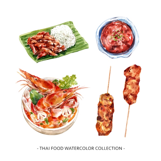 Vecteur gratuit conception de collection de cuisine thaïlandaise isolée illustration aquarelle.