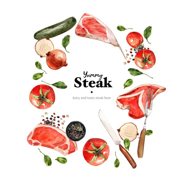 Conception de couronne de steak avec illustration aquarelle de légumes, viande fraîche