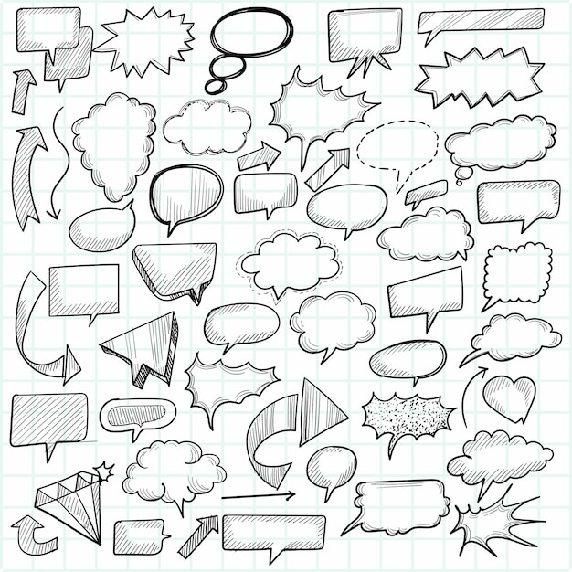 Conception de croquis de bulles de discours doodle dessin animé dessinés à la main