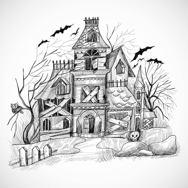 Vecteur gratuit conception de croquis de maison hantée halloween