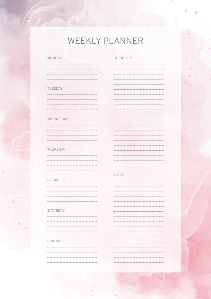 Vecteur gratuit conception élégante de planificateur hebdomadaire avec fond aquarelle rose pastel