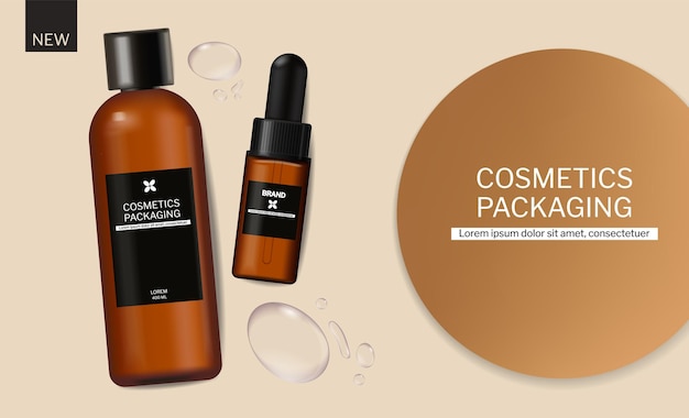 Vecteur gratuit conception d'emballages de cosmétiques pour shampooing et huile vecteur réaliste marque maquette gouttes d'eau de bannière