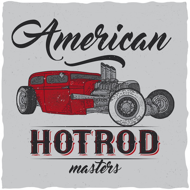 Vecteur gratuit conception d'étiquettes de t-shirt vintage hot rod avec illustration de voiture de vitesse personnalisée. illustration dessinée à la main.