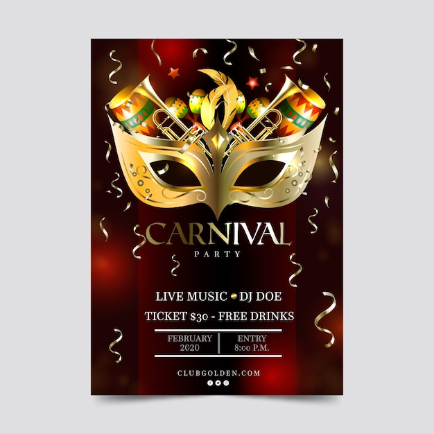 Vecteur gratuit conception de flyer et affiche de fête de carnaval réaliste