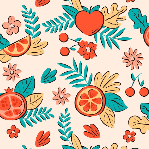 Vecteur gratuit conception de fruits et de motifs floraux dessinés à la main