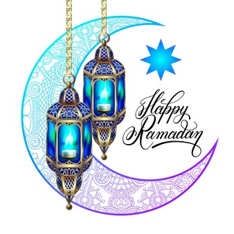 Conception heureuse de ramadan pour la bannière d'affiche de carte de voeux avec la lune de lanterne et manuscrite
