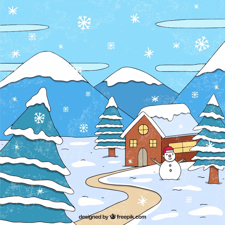 Vecteur gratuit conception d'hiver avec bonhomme de neige devant la maison