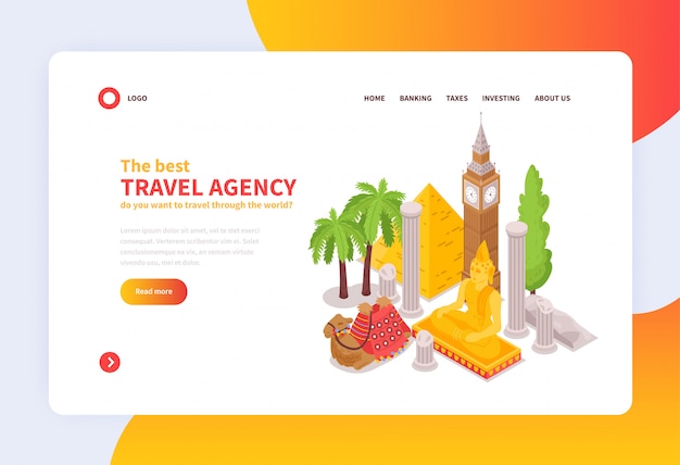Conception isométrique de la page d'accueil du concept d'agence de voyage internationale en ligne avec des attractions touristiques célèbres