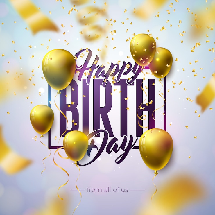 Vecteur gratuit conception de joyeux anniversaire avec ballon, lettre de typographie et confettis tombant sur fond clair.