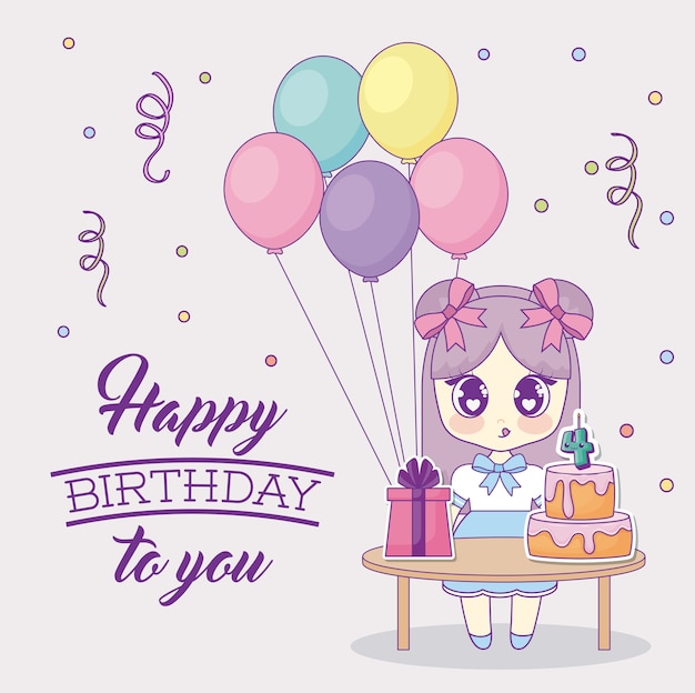 Conception De Joyeux Anniversaire Avec Kawaii Anime Girl Vecteur Premium