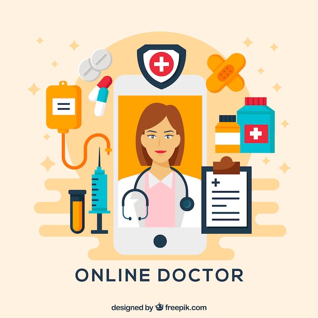 Vecteur gratuit conception de médecin en ligne avec différents éléments