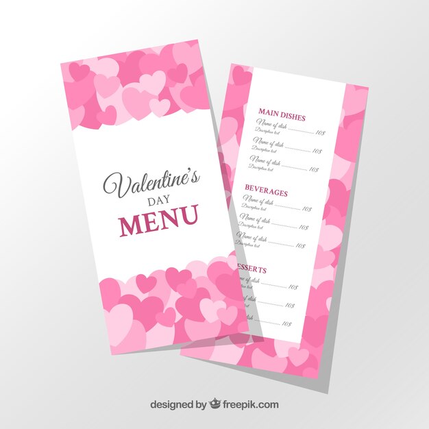 Conception de menu Valentine avec des coeurs roses