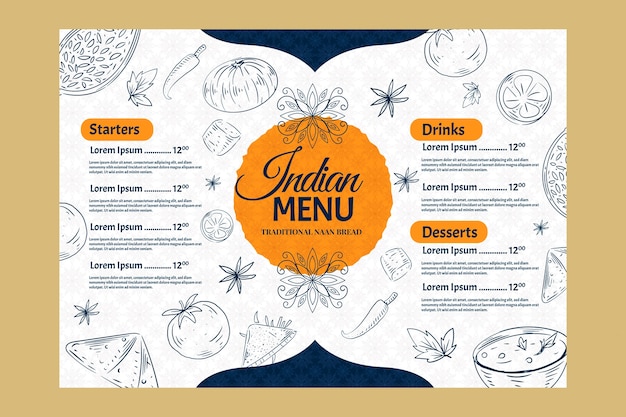 Conception De Menus Indiens Dessinés à La Main