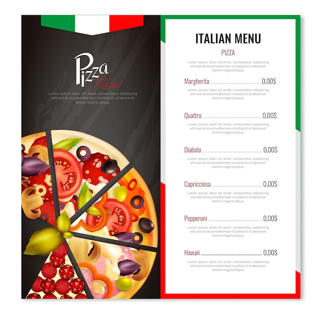 Vecteur gratuit conception de menus de pizzas italiennes