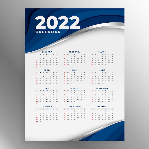Vecteur gratuit conception de modèle de calendrier de style vague 2022