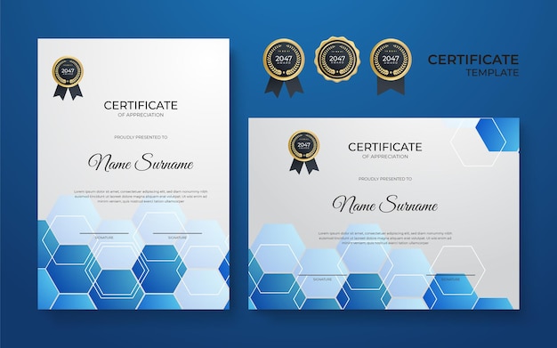 Conception de modèle de certificat de diplôme bleu et or moderne et élégant. modèle de bordure de certificat de réussite bleu et or avec badge de luxe et motif de ligne moderne. pour les récompenses, les affaires et l'éducation