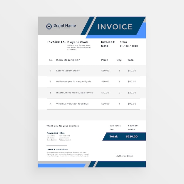 Vecteur gratuit conception de modèle de facture d'affaires bleu élégant
