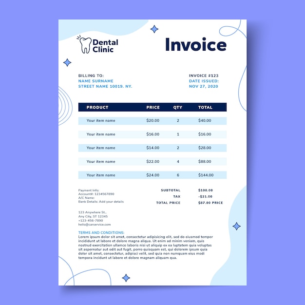 Vecteur gratuit conception de modèle de facture de clinique dentaire