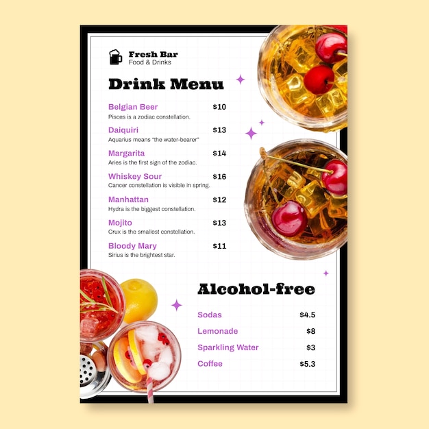 Vecteur gratuit conception de modèle de menu de boissons