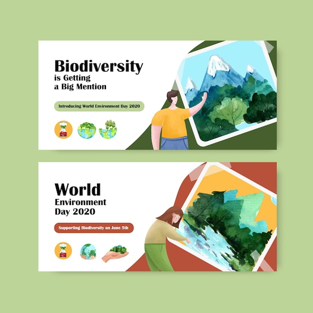 Vecteur gratuit conception de modèle de panneau d'affichage pour la journée mondiale de l'environnement.enregistrer earth planet world concept avec un vecteur aquarelle respectueux de l'écologie