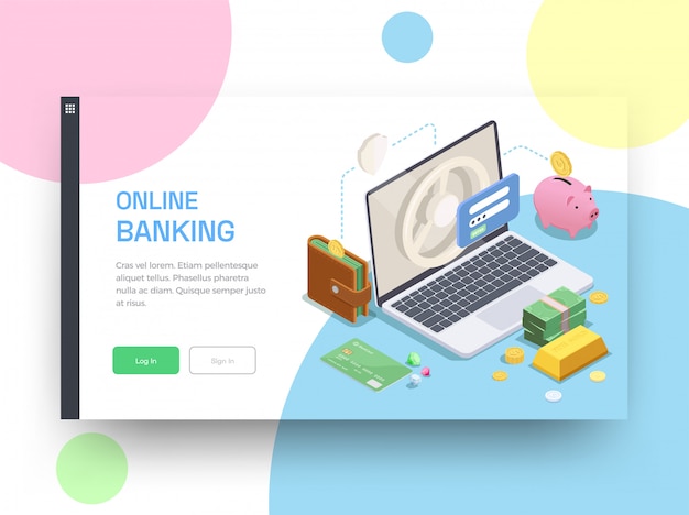 Vecteur gratuit conception de page de destination isométrique financière bancaire avec boutons cliquables