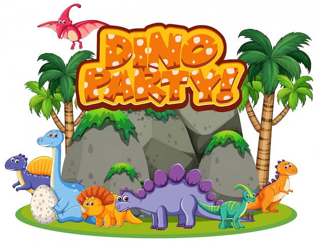 Conception de polices pour le mot dino party avec de nombreux dinosaures dans la forêt