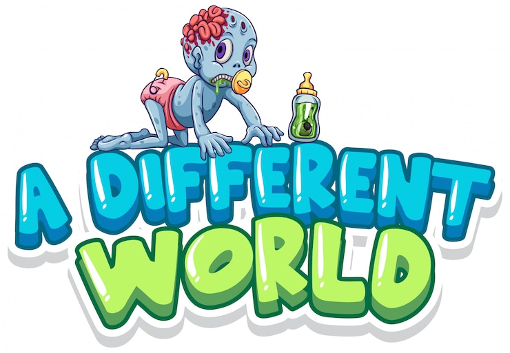 Vecteur gratuit conception de polices pour mot un monde différent avec bébé zombie