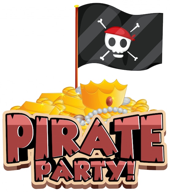 Vecteur gratuit conception de polices pour le mot pirate party avec drapeau et or