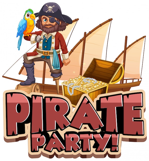 Vecteur gratuit conception de polices pour le mot pirate party avec pirate et perroquet
