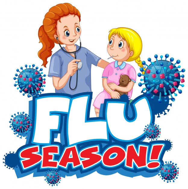Conception de polices pour la saison de la grippe mot avec médecin et petite fille