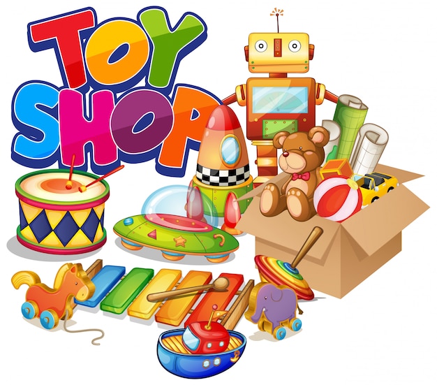 Vecteur gratuit conception de polices pour word toy shop avec de nombreux jouets sur fond blanc
