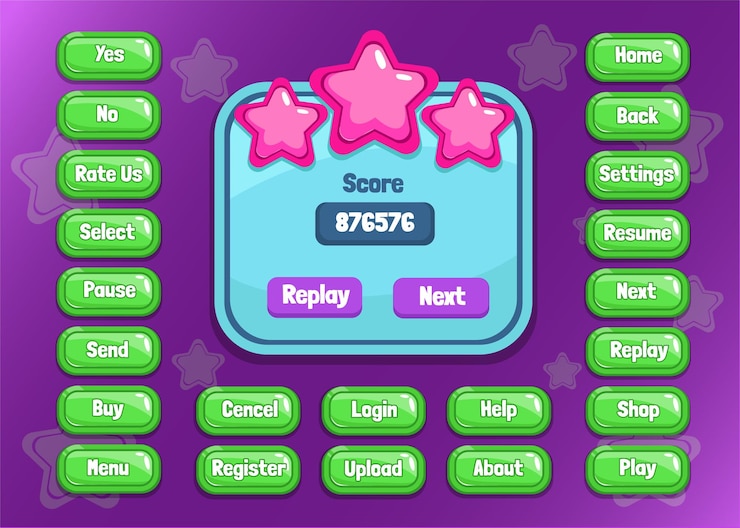 Vecteur gratuit conception pour ensemble complet de pop-up, icône, fenêtre et éléments de jeu de bouton de score pour la création de jeux vidéo rpg médiévaux