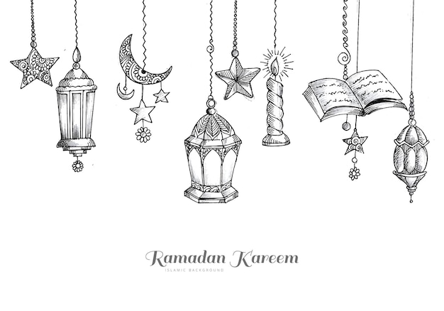 Vecteur gratuit conception de ramadan kareem avec lanterne décorative et conception de carte de croquis islamique