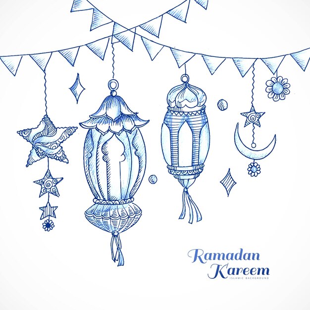Conception de ramadan kareem avec lanterne décorative et fond de carte de croquis islamique