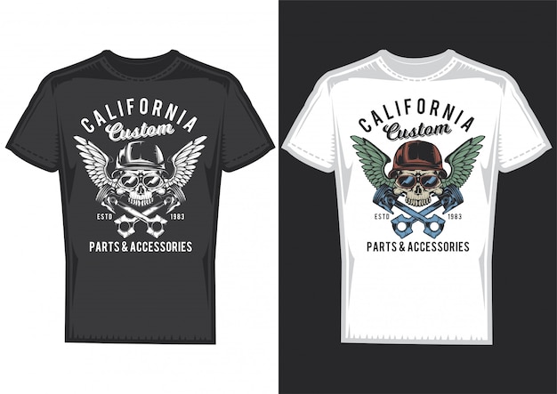 Conception de t-shirt sur 2 t-shirts avec des affiches de crânes avec des casques et des ailes.