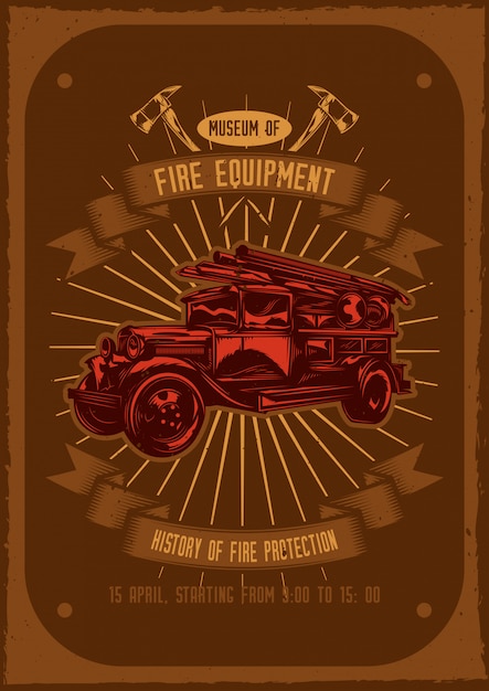 Vecteur gratuit conception de t-shirt ou d'affiche avec illustraion de camion de pompiers avec haches dessus.