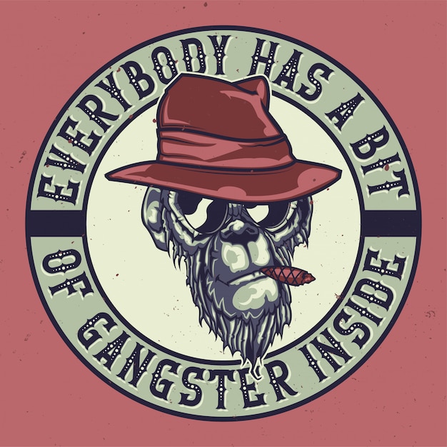 Vecteur gratuit conception de t-shirt ou d'affiche avec illustration d'un singe de gangster.